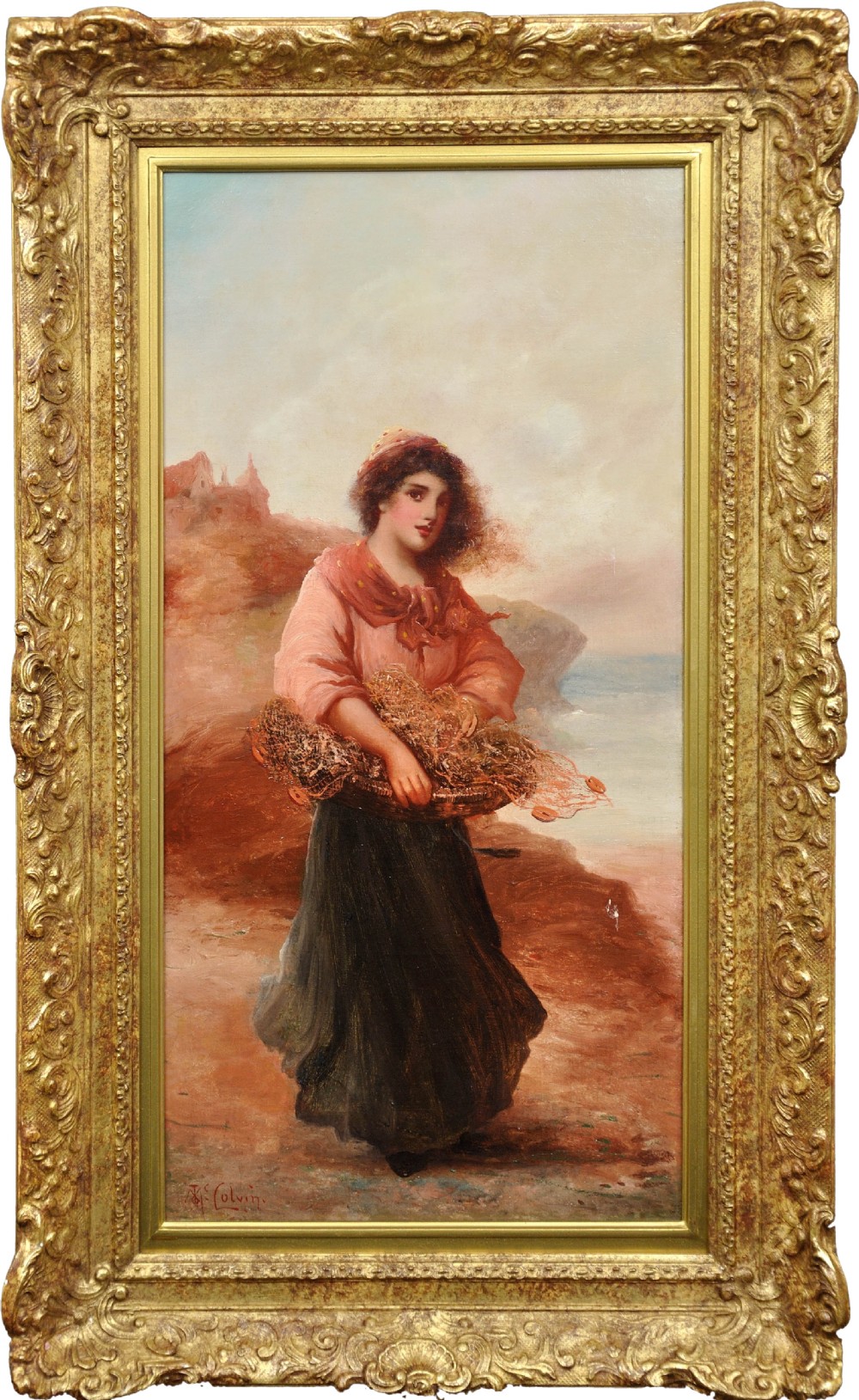 James Andrew McColvin 1864 - 1920. Maiden Collecting Fishing Nets, North East England. Oil on Canvas.