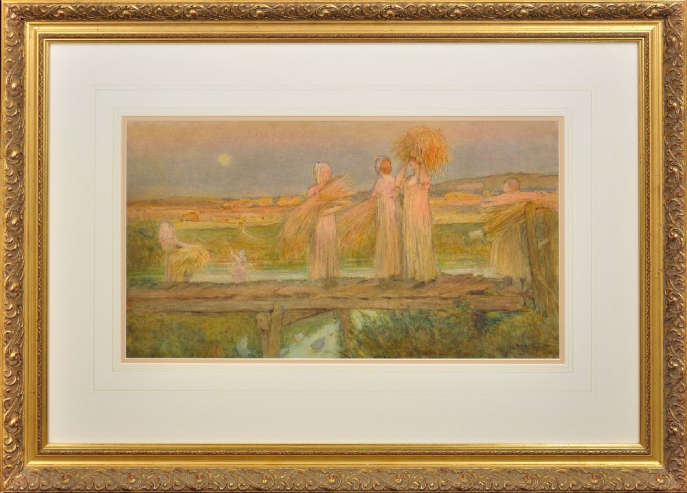 Herbert Charles Nye b.1858. Harvest Moon. Arts & Crafts Dreamy Sussex Landscape. Large Framed Watercolour.