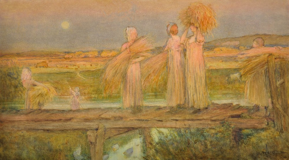 Herbert Charles Nye b.1858. Harvest Moon. Arts & Crafts Dreamy Sussex Landscape. Large Framed Watercolour. View II