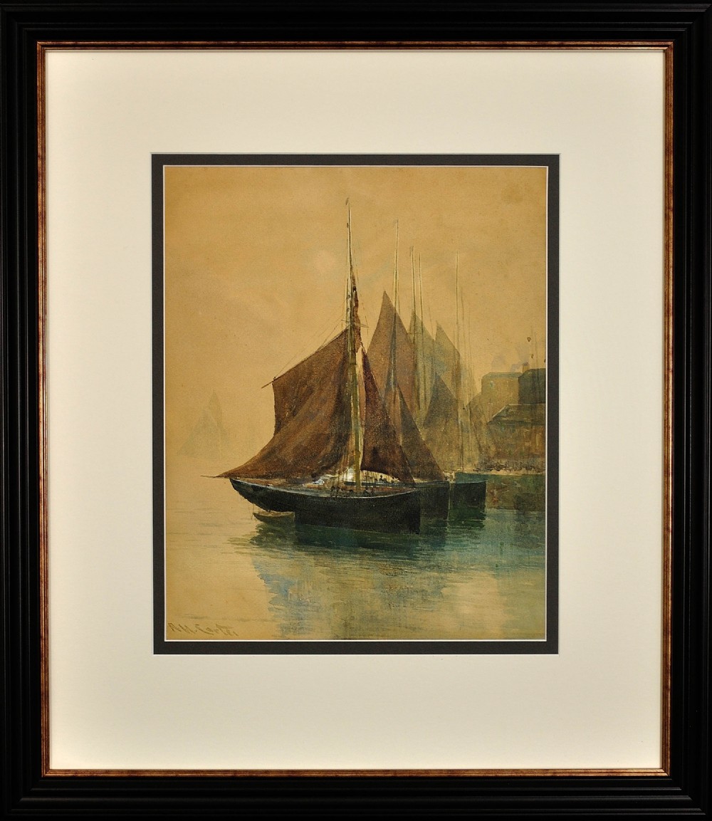 A framed watercolour painting depicting several West Country trawling lugger boats moored in a calm harbour under a hazy sky.
