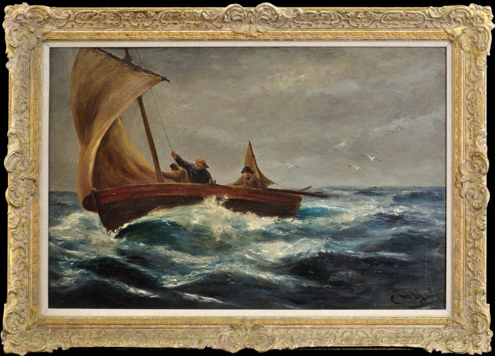 An antique oil painting depicting fishermen on a small wooden sailboat in rough sea waters, framed in an ornate gilded frame.