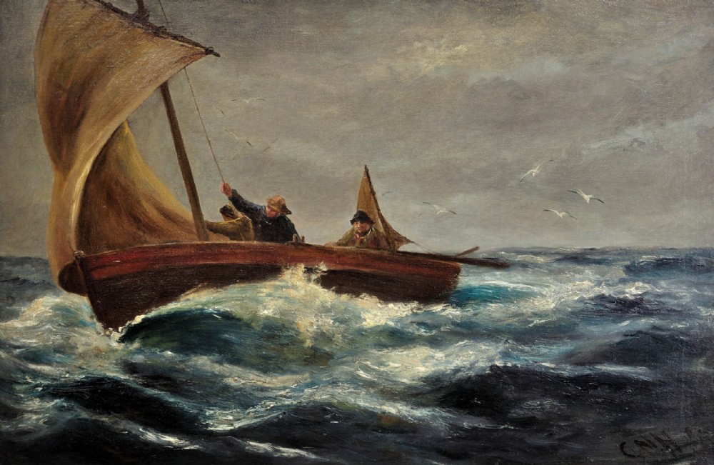 An antique oil painting depicting fishermen on a small wooden sailboat in rough sea waters, framed in an ornate gilded frame. View II