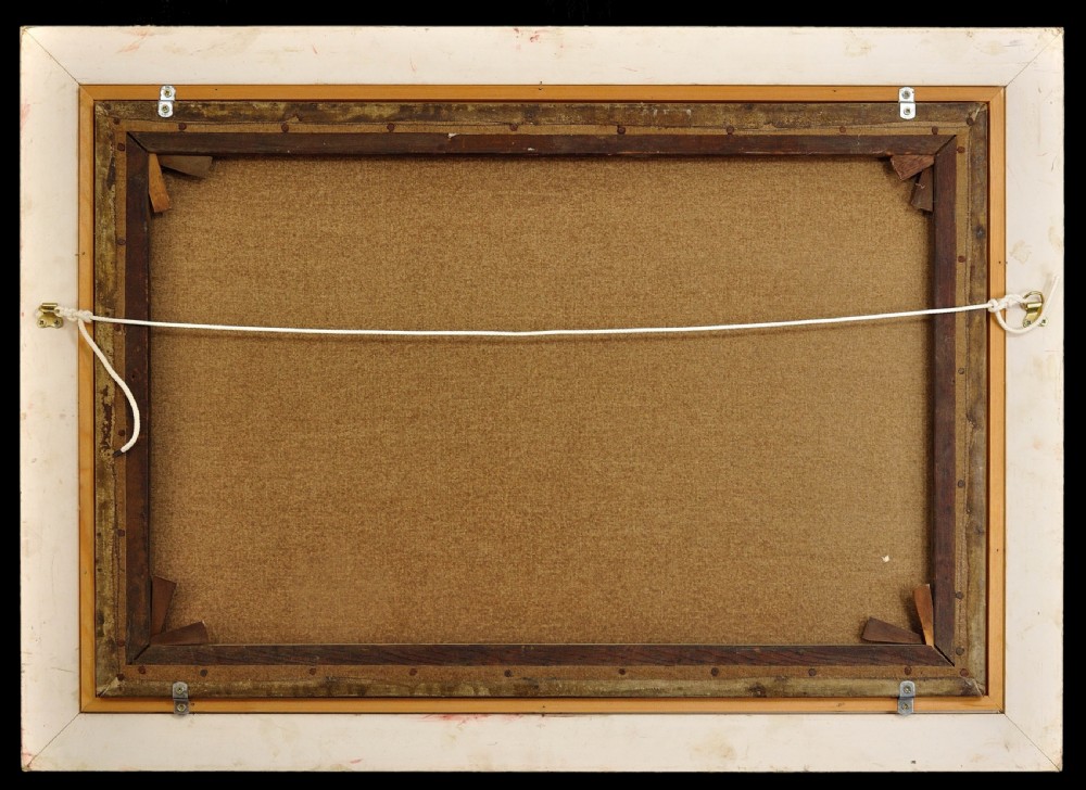 An antique oil painting depicting fishermen on a small wooden sailboat in rough sea waters, framed in an ornate gilded frame. View III