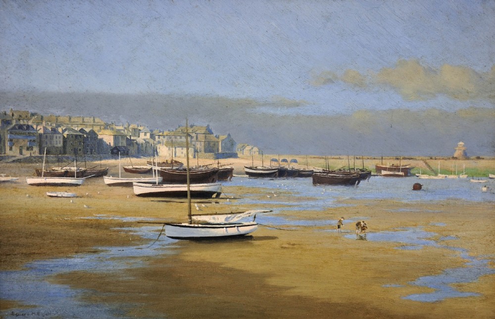 A framed horizontal oil painting depicting wooden fishing boats resting on sandy shores at low tide in St Ives harbour. View II