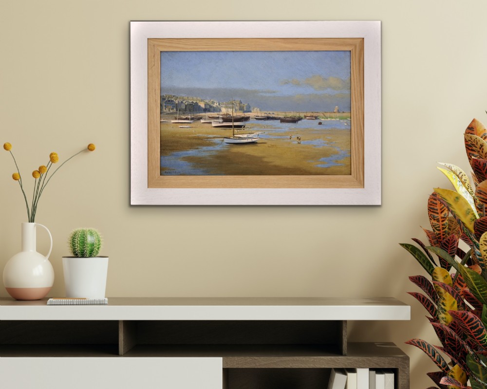 A framed horizontal oil painting depicting wooden fishing boats resting on sandy shores at low tide in St Ives harbour. View XIII
