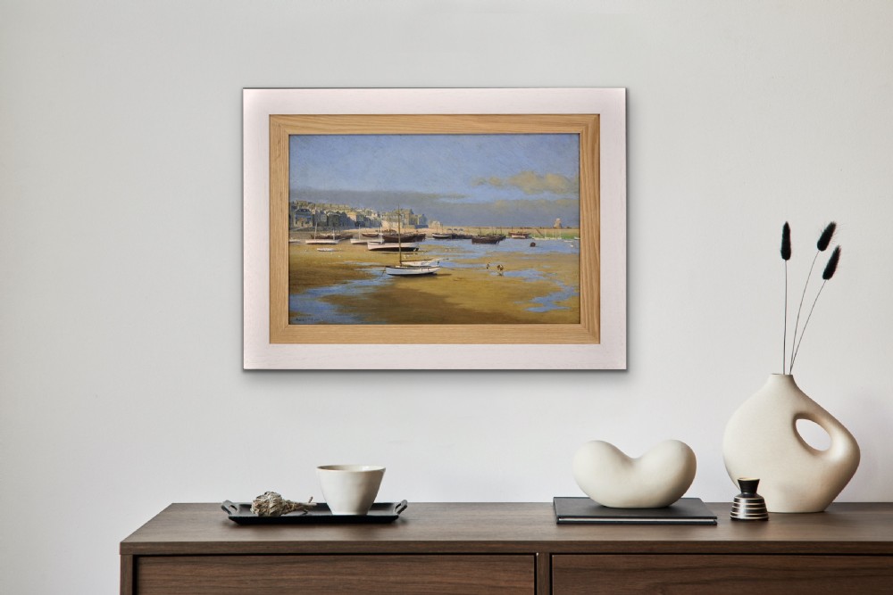 A framed horizontal oil painting depicting wooden fishing boats resting on sandy shores at low tide in St Ives harbour. View XV