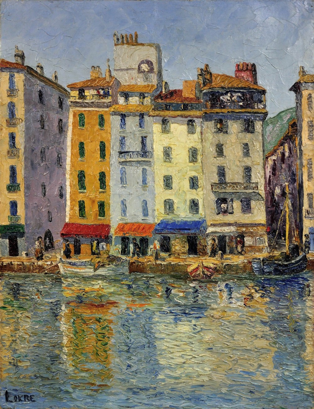 A framed 20th-century oil painting depicting harbour buildings and water reflections in Toulon. View II