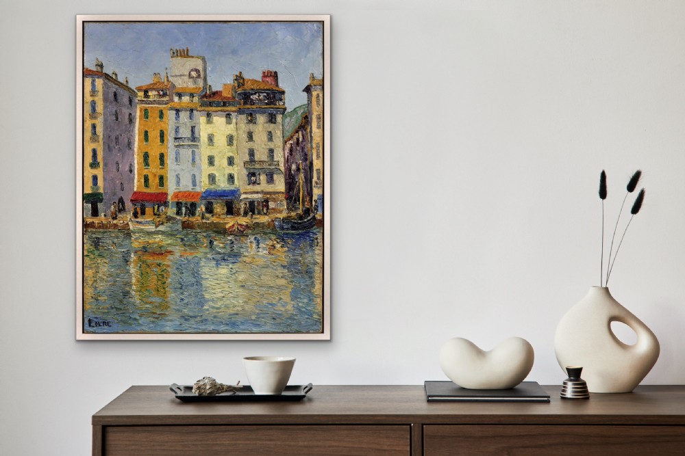 A framed 20th-century oil painting depicting harbour buildings and water reflections in Toulon. View XV