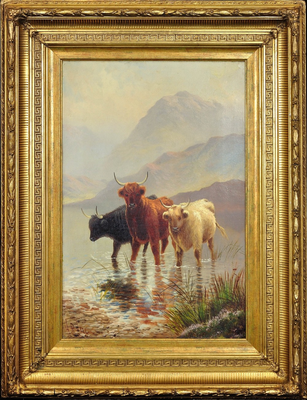 A Victorian oil painting depicting three Highland cattle standing in a shallow Scottish loch, set within a heavy gilded frame.