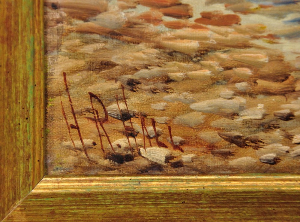 A Victorian oil painting depicting three Highland cattle standing in a shallow Scottish loch, set within a heavy gilded frame. View III