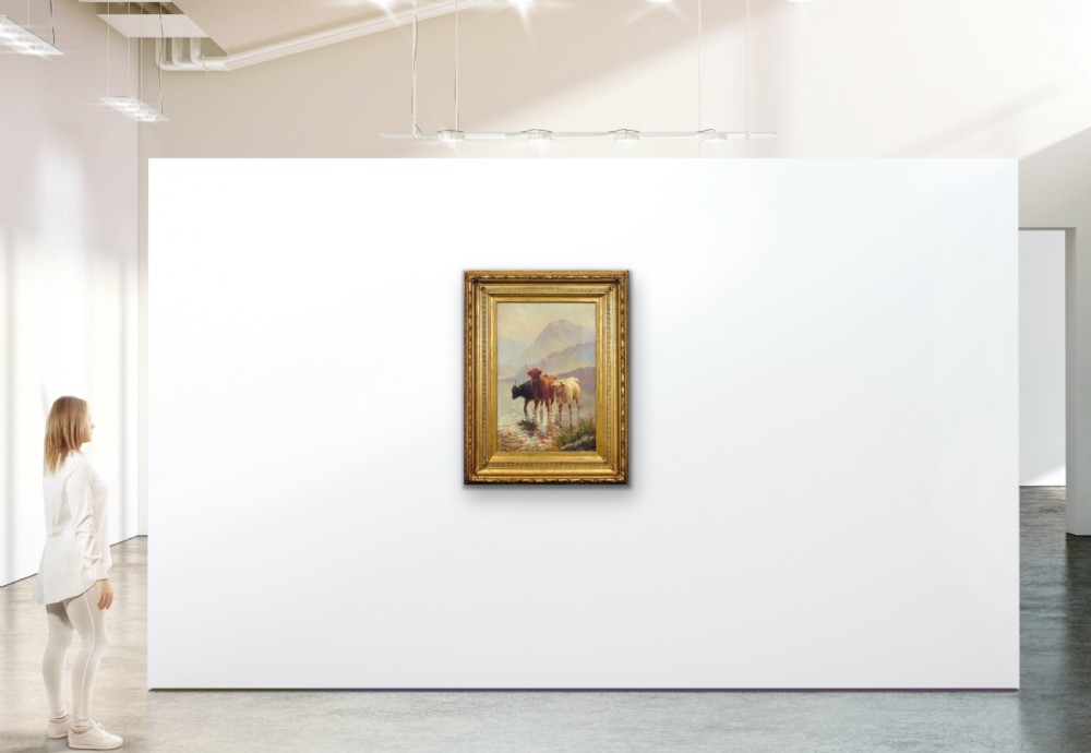 A Victorian oil painting depicting three Highland cattle standing in a shallow Scottish loch, set within a heavy gilded frame. View XVIII