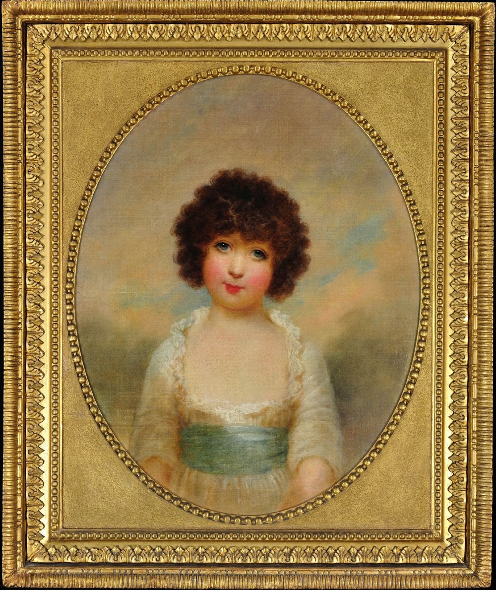 An 18th-century oil portrait of a young girl with dark curly hair and a blue sash, presented within an ornate rectangular gilt frame featuring an oval aperture.