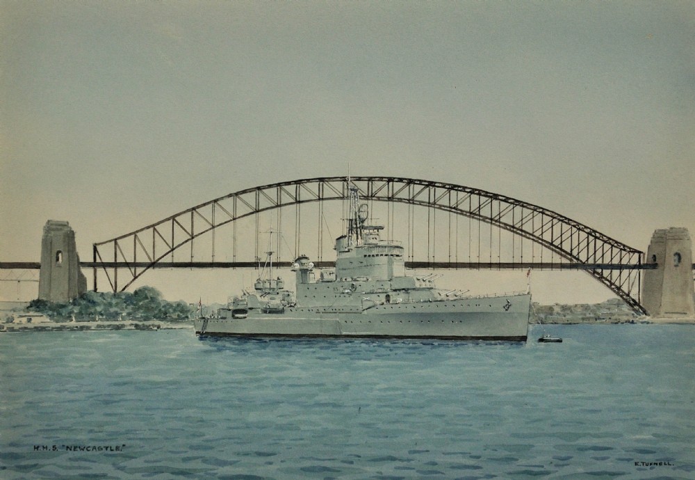 Framed maritime watercolour painting depicting HMS Newcastle passing in front of the Sydney Harbour Bridge against a light blue sky and harbour water. View II