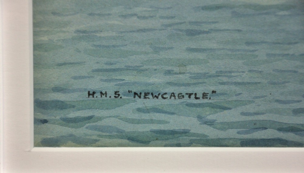 Framed maritime watercolour painting depicting HMS Newcastle passing in front of the Sydney Harbour Bridge against a light blue sky and harbour water. View IV