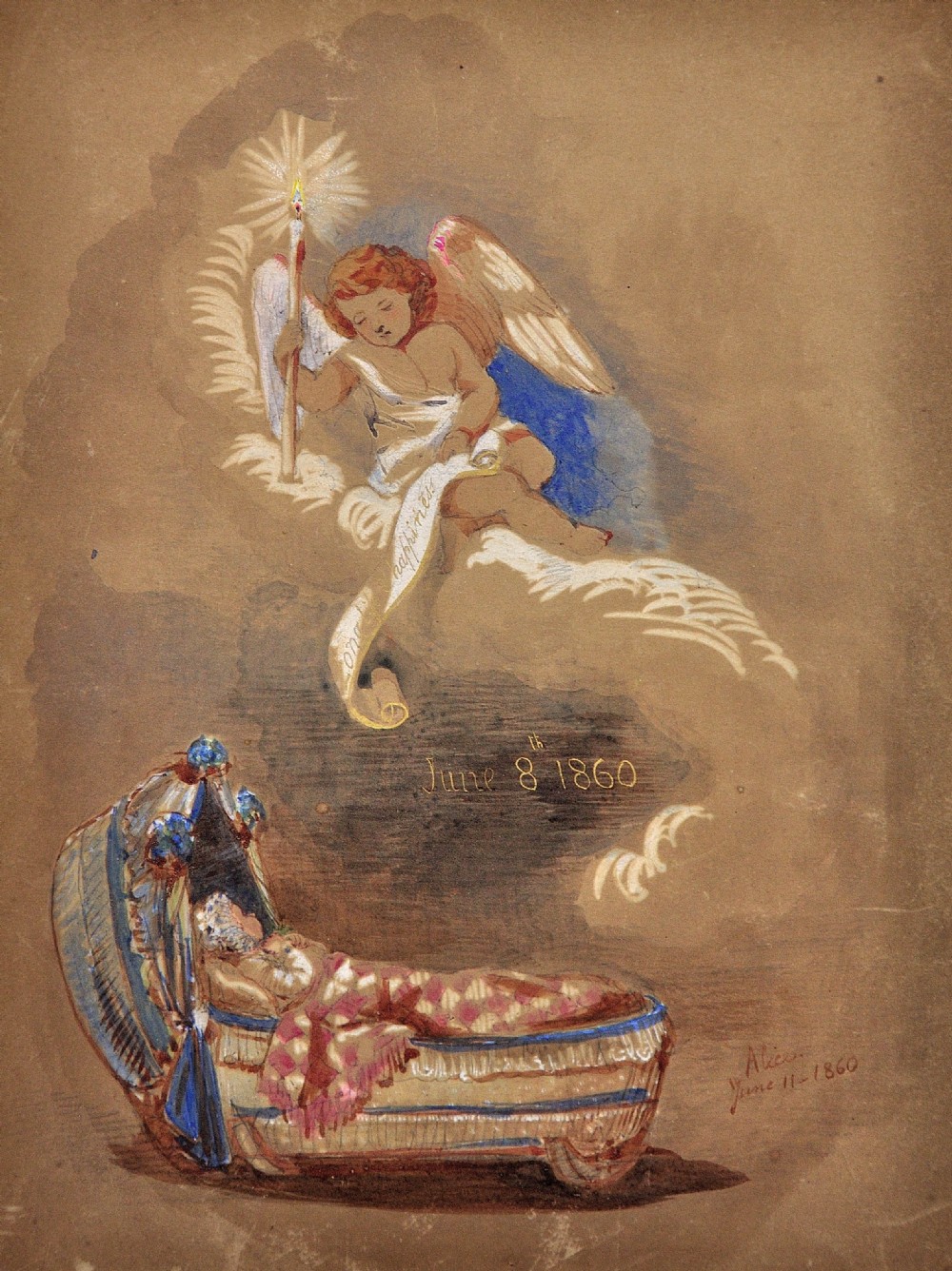 A framed Victorian watercolour painting on brown paper depicting an infant sleeping in a bassinet beneath a winged cherub holding a lit torch and scroll. View II