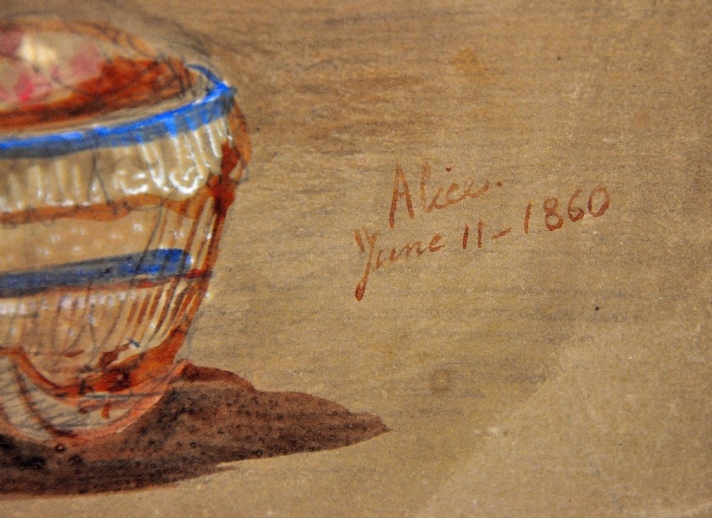 A framed Victorian watercolour painting on brown paper depicting an infant sleeping in a bassinet beneath a winged cherub holding a lit torch and scroll. View III