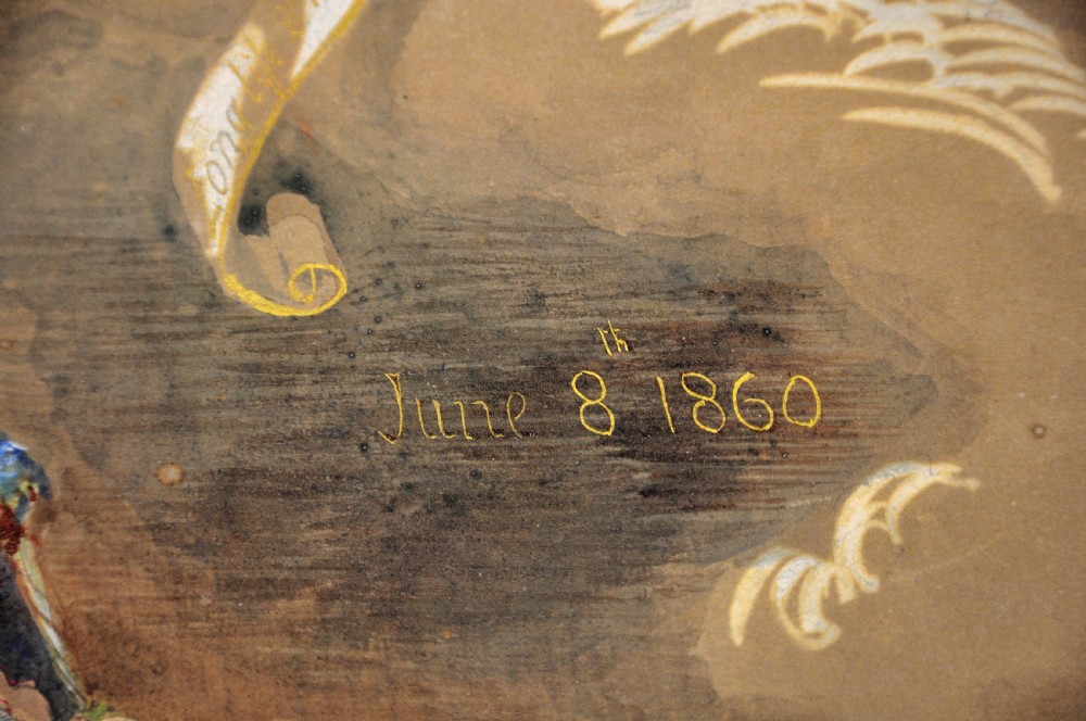 A framed Victorian watercolour painting on brown paper depicting an infant sleeping in a bassinet beneath a winged cherub holding a lit torch and scroll. View IV