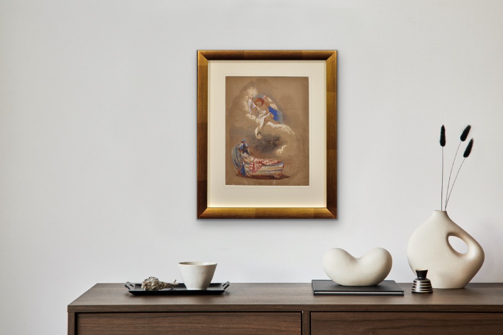 A framed Victorian watercolour painting on brown paper depicting an infant sleeping in a bassinet beneath a winged cherub holding a lit torch and scroll. View XVIII