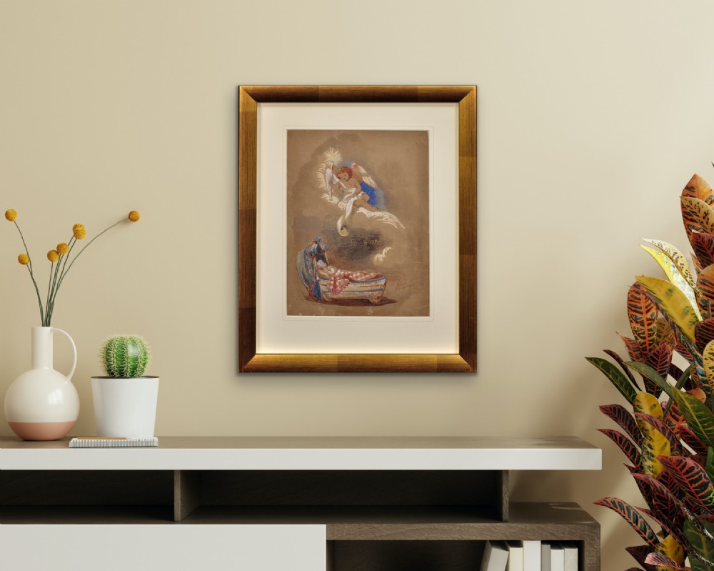 A framed Victorian watercolour painting on brown paper depicting an infant sleeping in a bassinet beneath a winged cherub holding a lit torch and scroll. View XIX