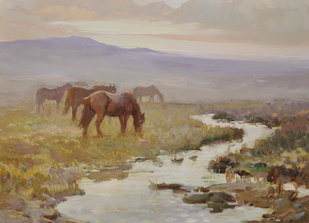 Framed 1930s oil painting depicting wild ponies grazing near a winding stream on Dartmoor under a soft sky. View II