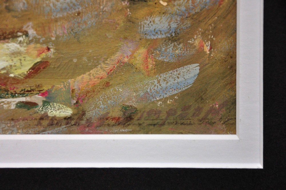 Framed 1930s oil painting depicting wild ponies grazing near a winding stream on Dartmoor under a soft sky. View III