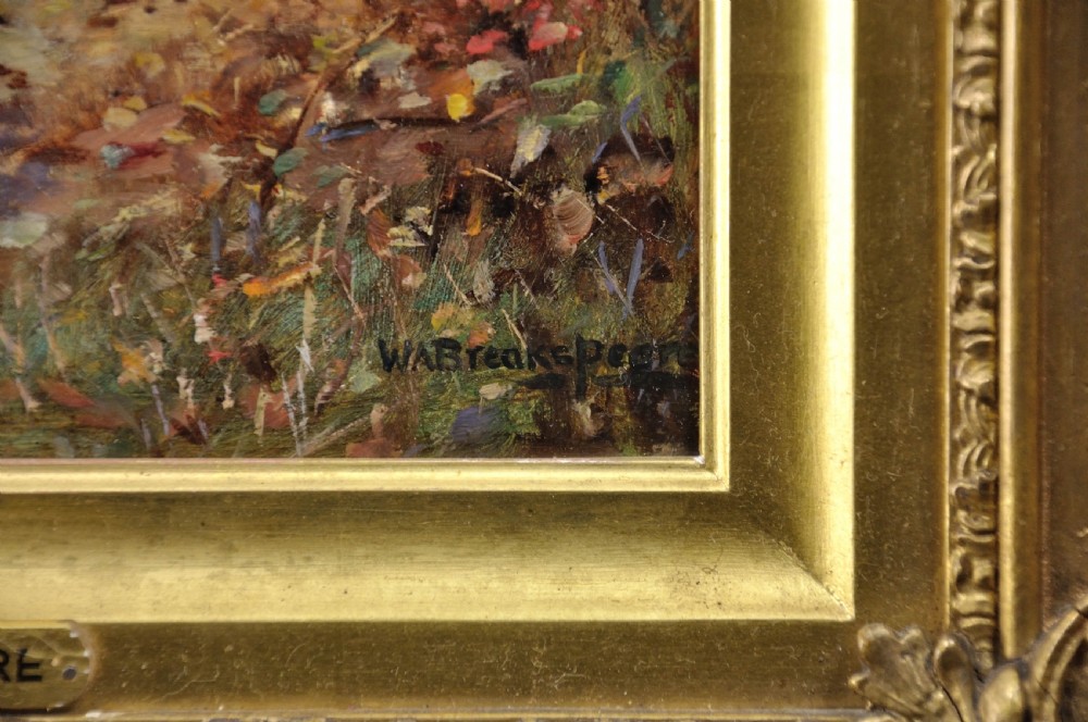 An antique Victorian oil painting depicting a woman in a forest setting, displayed inside a heavy gilded carved frame. View III
