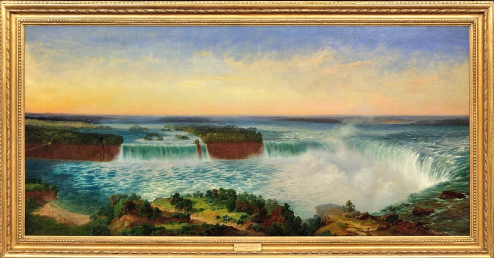 A panoramic nineteenth-century oil painting depicting Niagara Falls framed in a rectangular gilded frame.