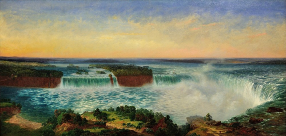 A panoramic nineteenth-century oil painting depicting Niagara Falls framed in a rectangular gilded frame. View II