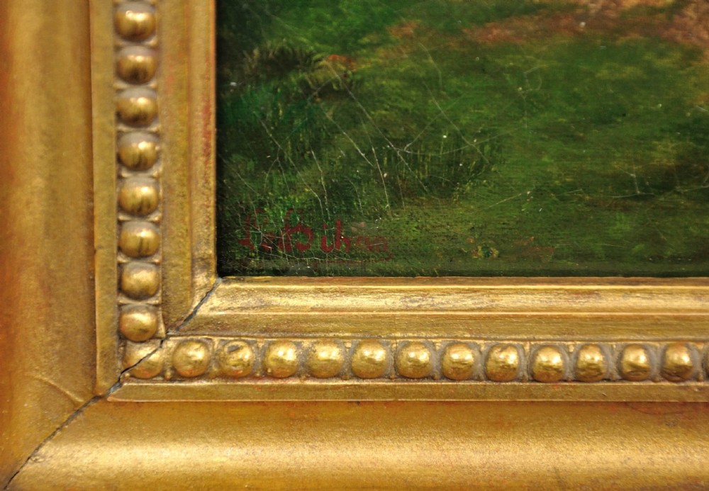 A panoramic nineteenth-century oil painting depicting Niagara Falls framed in a rectangular gilded frame. View III