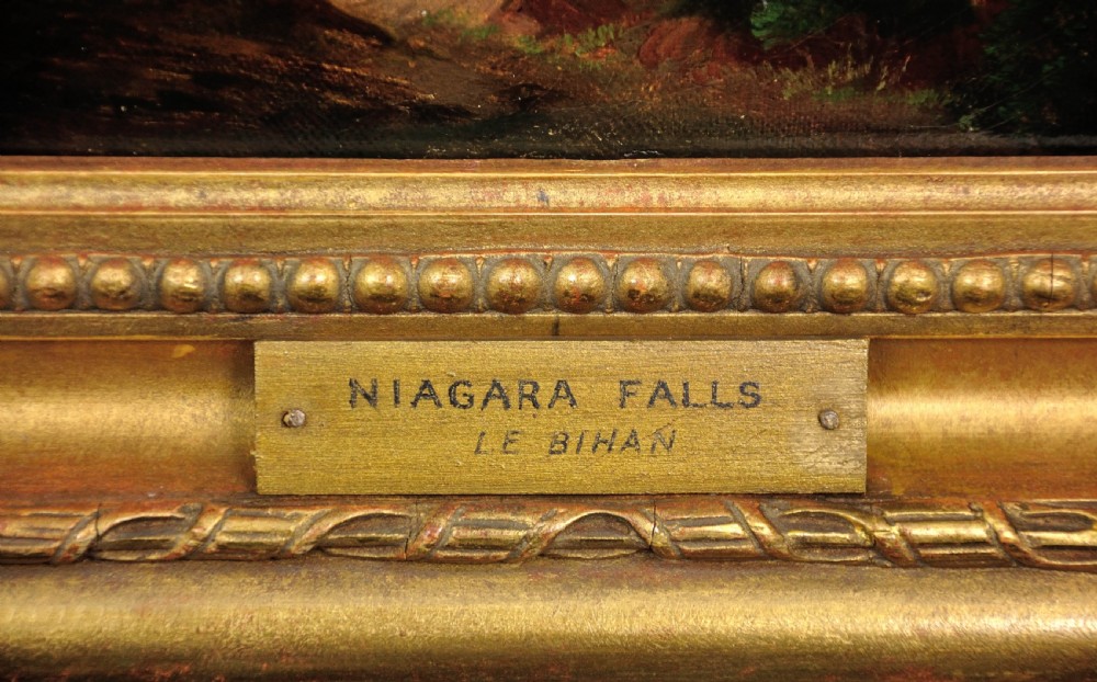 A panoramic nineteenth-century oil painting depicting Niagara Falls framed in a rectangular gilded frame. View IV