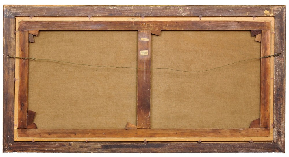 A panoramic nineteenth-century oil painting depicting Niagara Falls framed in a rectangular gilded frame. View V