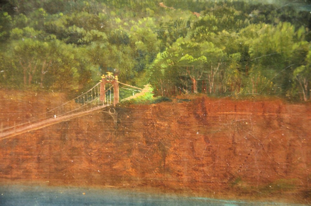 A panoramic nineteenth-century oil painting depicting Niagara Falls framed in a rectangular gilded frame. View VII