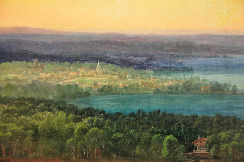 A panoramic nineteenth-century oil painting depicting Niagara Falls framed in a rectangular gilded frame. View VIII