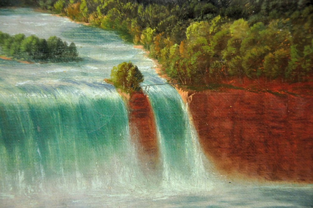 A panoramic nineteenth-century oil painting depicting Niagara Falls framed in a rectangular gilded frame. View IX