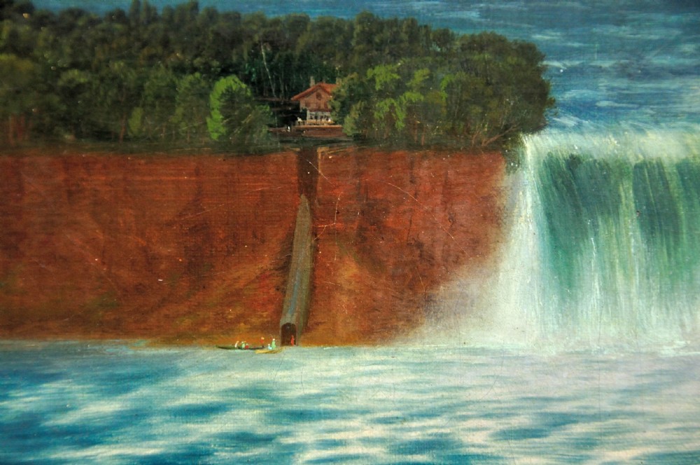 A panoramic nineteenth-century oil painting depicting Niagara Falls framed in a rectangular gilded frame. View XI