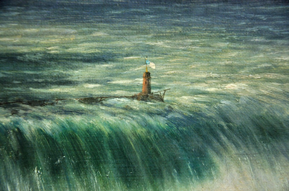 A panoramic nineteenth-century oil painting depicting Niagara Falls framed in a rectangular gilded frame. View XII
