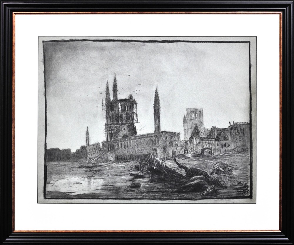 A framed monochrome charcoal drawing depicting a ruined Gothic structure and desolate battlefield landscape with debris.
