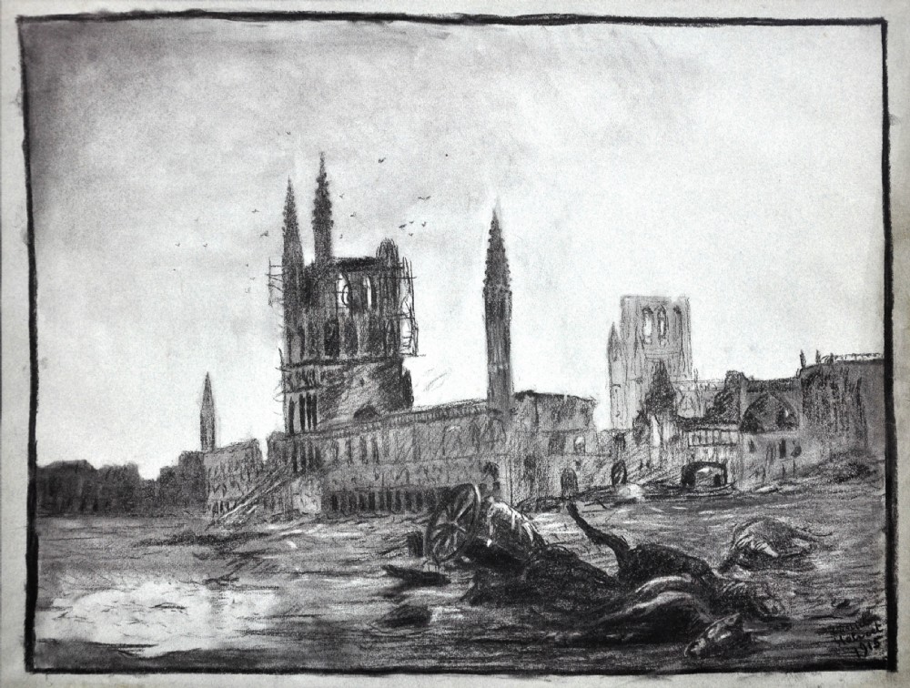 A framed monochrome charcoal drawing depicting a ruined Gothic structure and desolate battlefield landscape with debris. View II