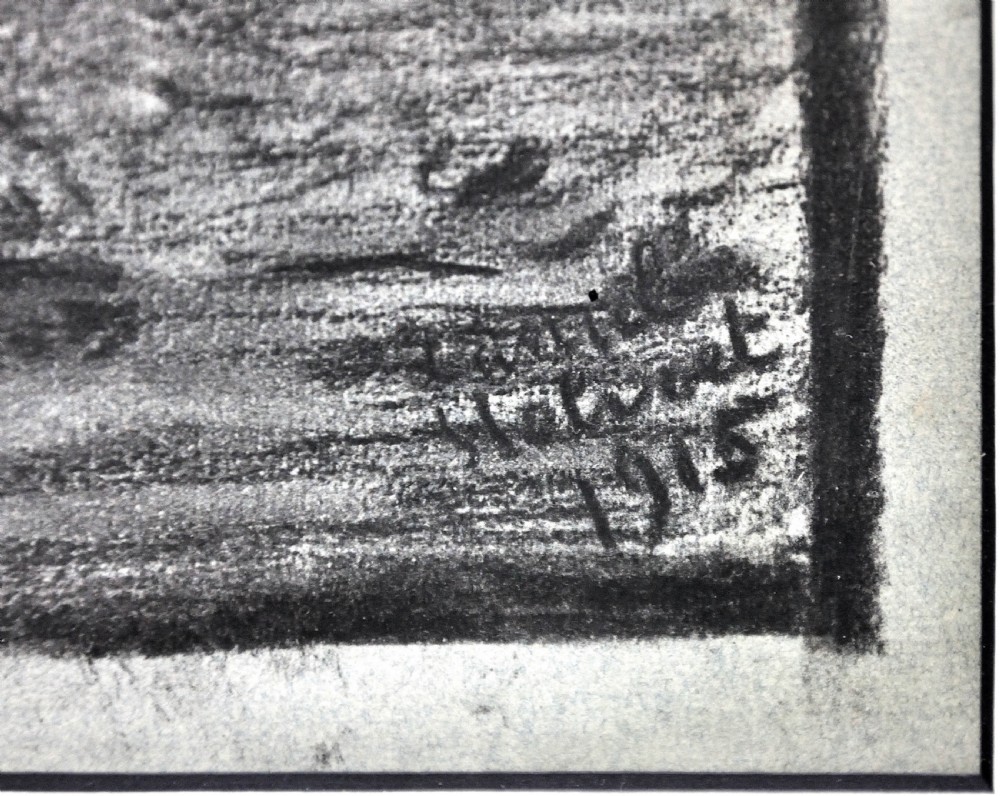 A framed monochrome charcoal drawing depicting a ruined Gothic structure and desolate battlefield landscape with debris. View III