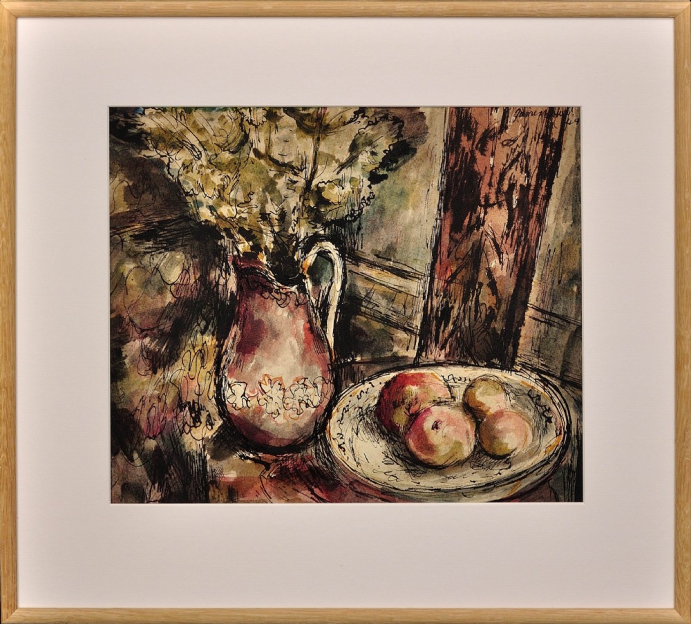 A framed wartime watercolour painting by James Tower depicting a floral jug next to a bowl of apples.