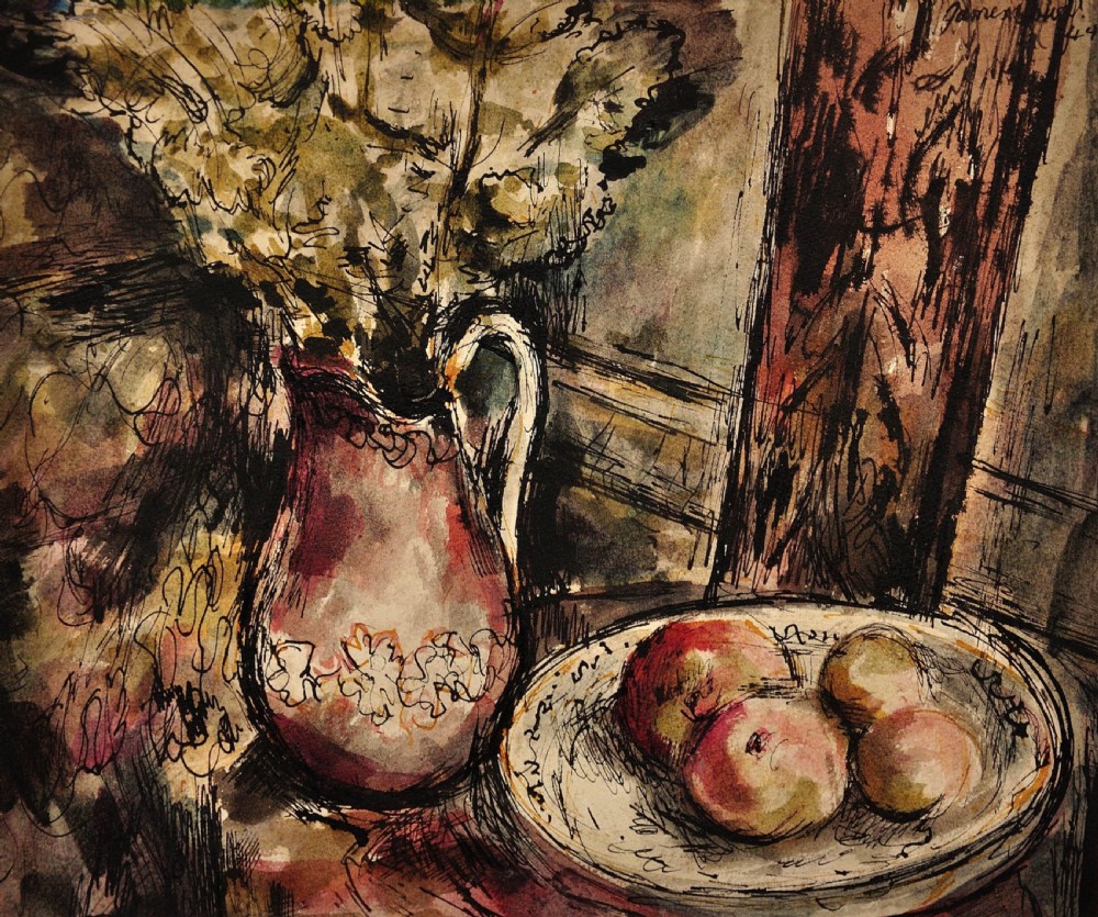 A framed wartime watercolour painting by James Tower depicting a floral jug next to a bowl of apples. View II