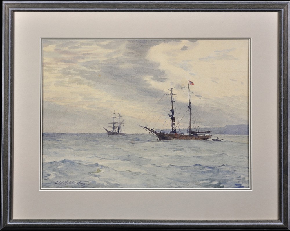 A framed Victorian watercolour painting depicting two sailing barques on a calm sea under a soft grey cloudy sky, signed C.W. Adderton.