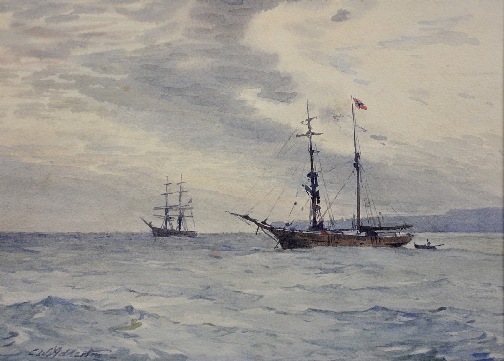 A framed Victorian watercolour painting depicting two sailing barques on a calm sea under a soft grey cloudy sky, signed C.W. Adderton. View II