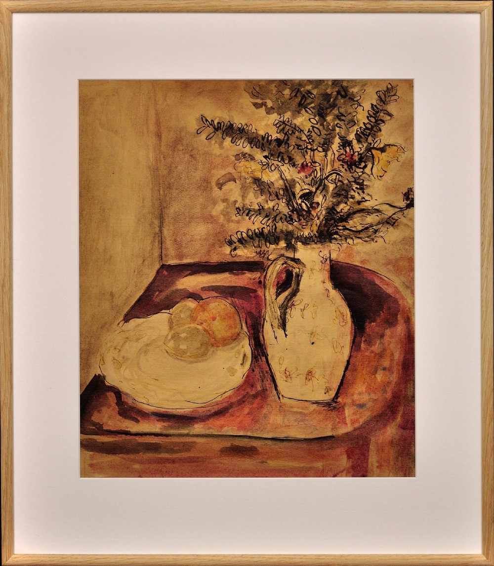 A framed watercolour and ink still life painting depicting a ceramic jug filled with botanical foliage alongside a plate of fruit on a table.