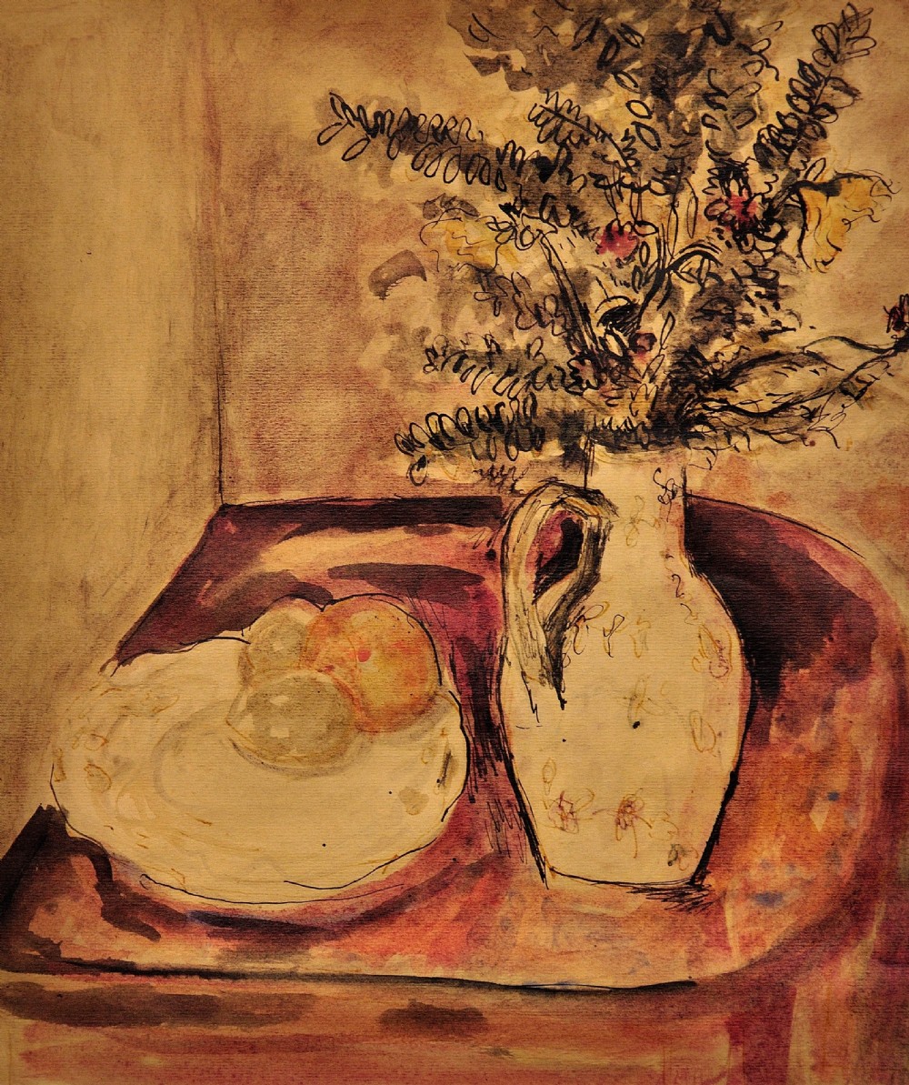 A framed watercolour and ink still life painting depicting a ceramic jug filled with botanical foliage alongside a plate of fruit on a table. View II