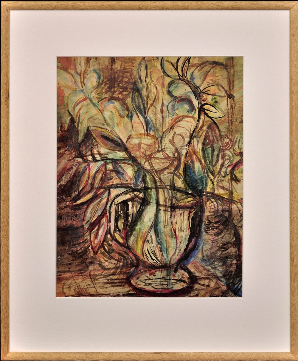 A framed expressionistic watercolour painting depicting a still life composition of cut flowers inside a pottery jug with fluid line drawing and muted earth tones.