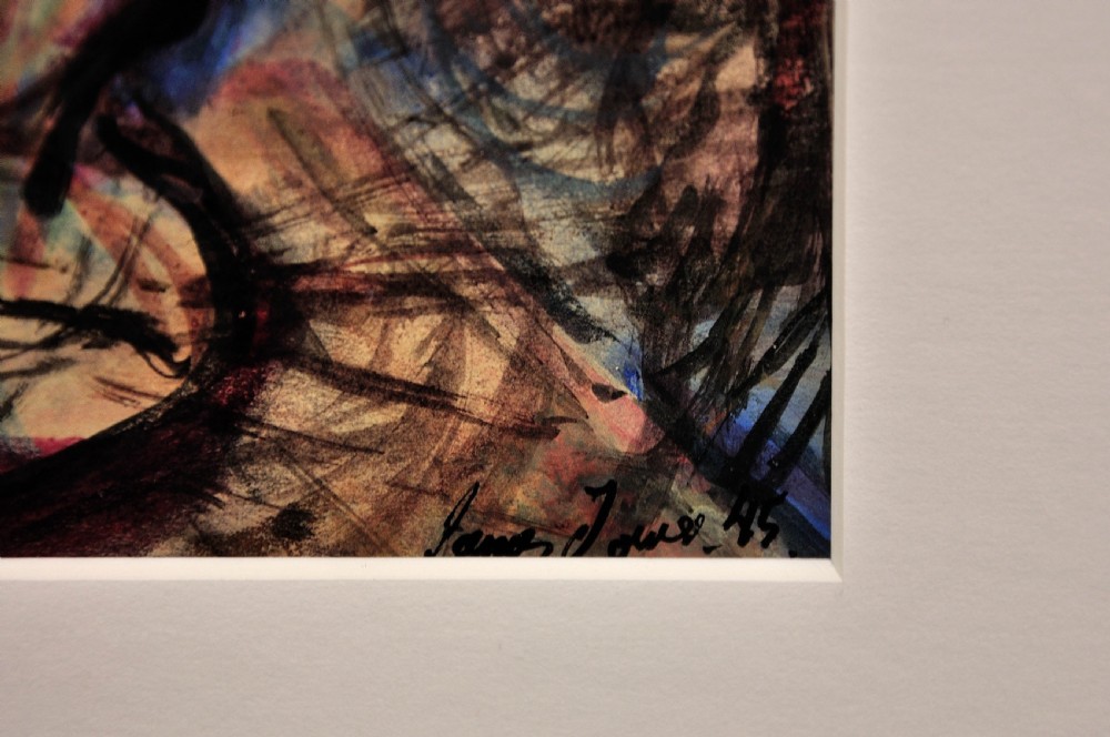 A framed expressionistic watercolour painting depicting a still life composition of cut flowers inside a pottery jug with fluid line drawing and muted earth tones. View III
