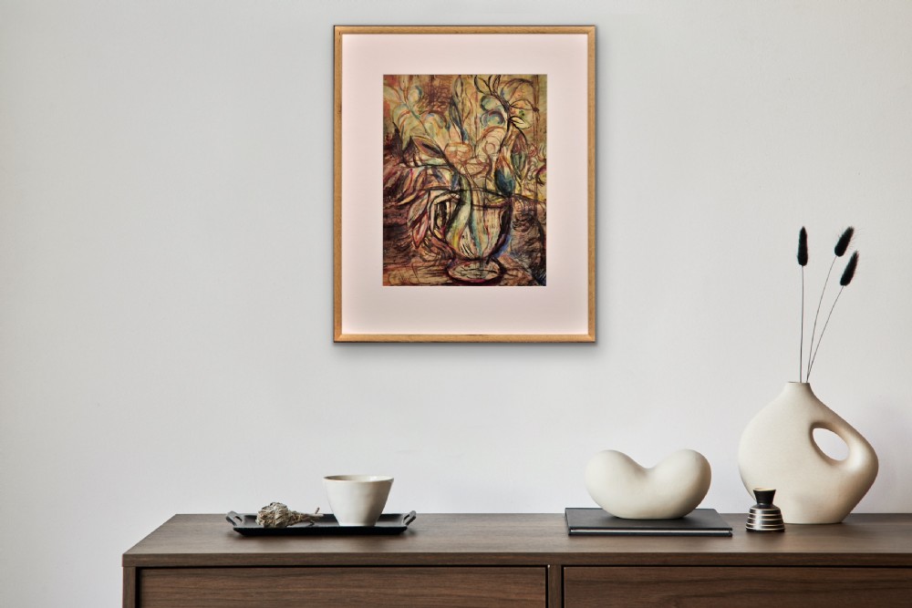 A framed expressionistic watercolour painting depicting a still life composition of cut flowers inside a pottery jug with fluid line drawing and muted earth tones. View XXIII
