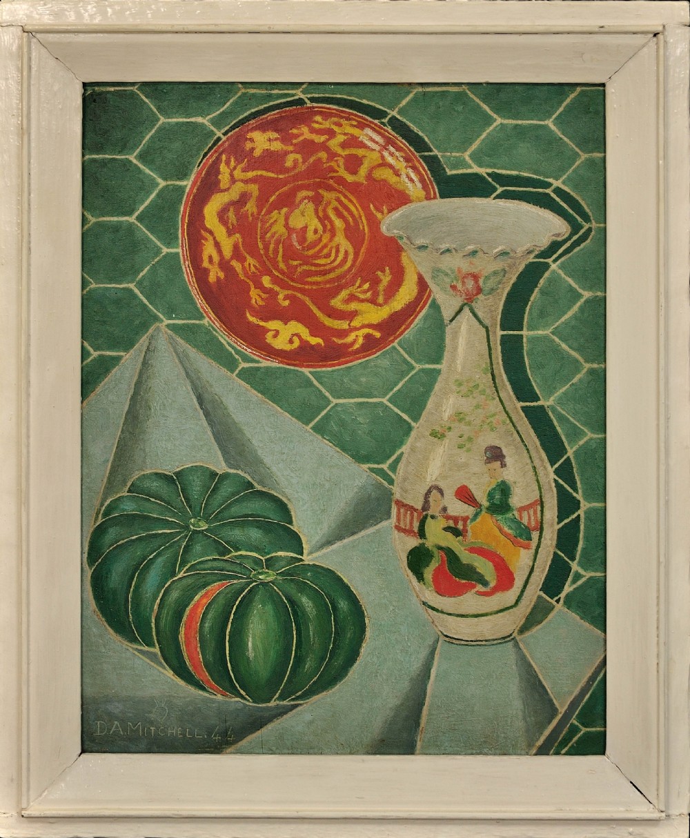 A framed modernist still life oil painting featuring a decorated vase, two green gourds, and a red dragon motif dish set against a green patterned background.