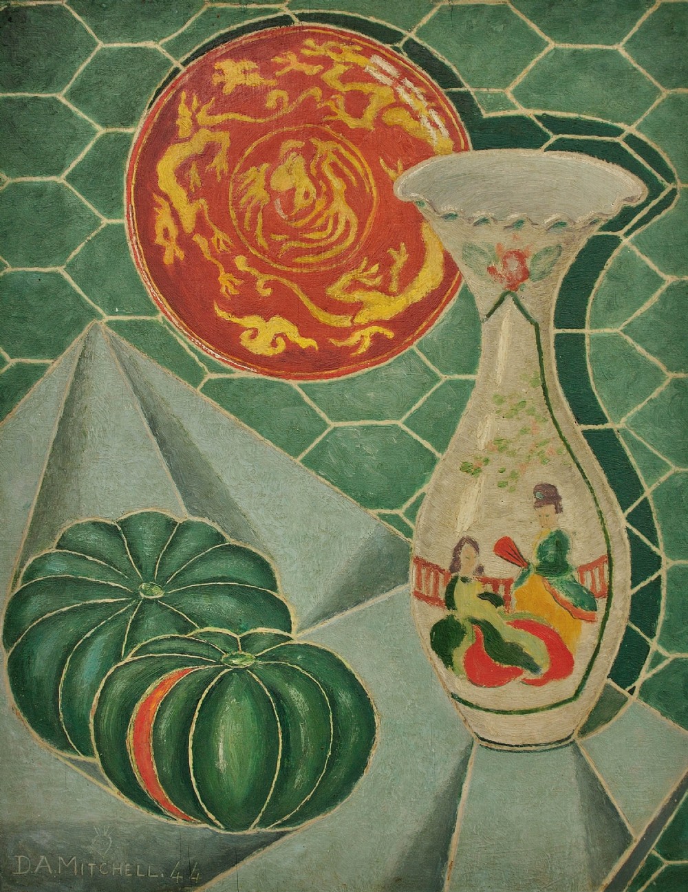 A framed modernist still life oil painting featuring a decorated vase, two green gourds, and a red dragon motif dish set against a green patterned background. View II